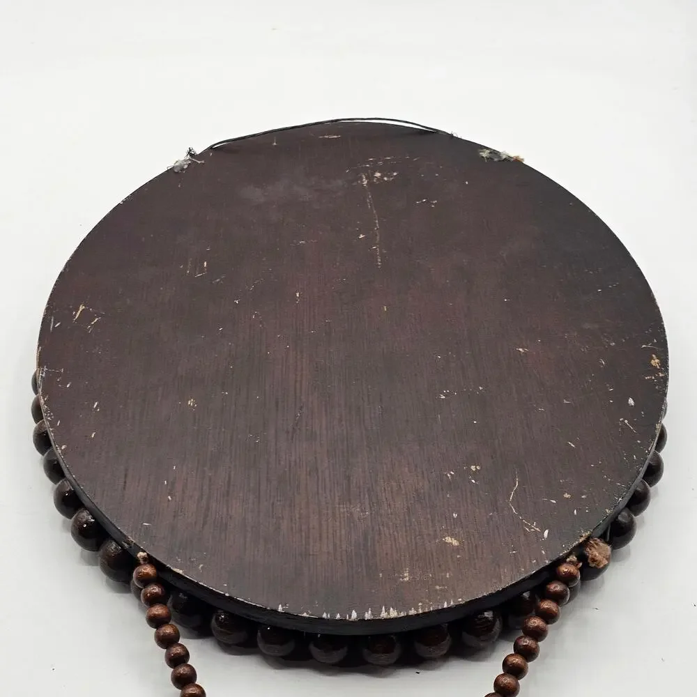 Boho Wooden Beaded Oval Hanging Mirror Tassel Retro 1970s Wall Decor